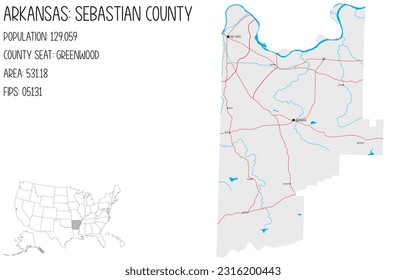 Mapa grande y detallado del condado de Sebastian en Arkansas, EEUU.