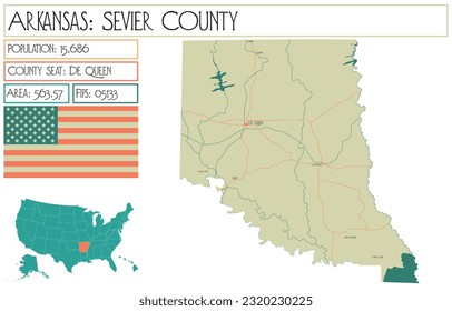 Large and detailed map of Sevier County in Arkansas, USA.