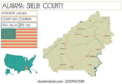 Large and detailed map of Shelby county in Alabama, USA.