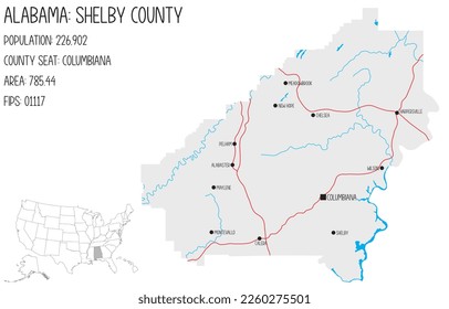 Large and detailed map of Shelby county in Alabama, USA.