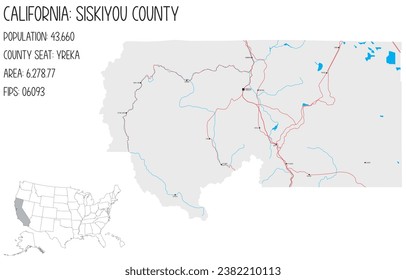 Large and detailed map of Siskiyou County in California, USA.