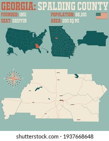 Large And Detailed Map Of Spalding County In Georgia, USA.