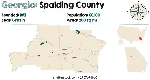 Large And Detailed Map Of Spalding County In Georgia, USA.