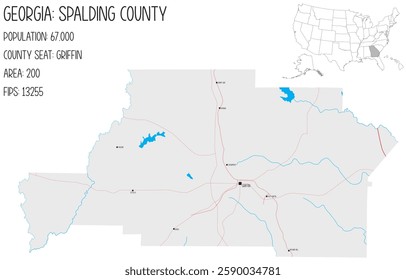 Large and detailed map of Spalding County in Georgia, USA.