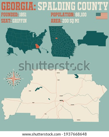 Large and detailed map of Spalding county in Georgia, USA.