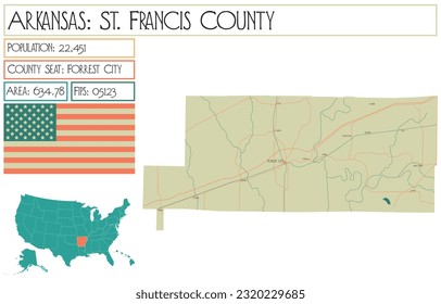 Large and detailed map of St. Francis County in Arkansas, USA.