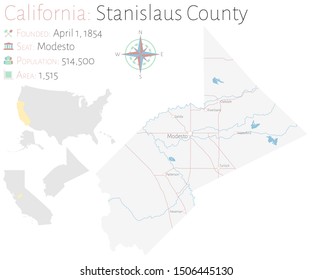 Large and detailed map of Stanislaus county in California, USA.