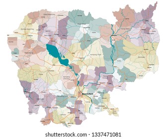 Large and detailed map of the state of Cambodia in Asia