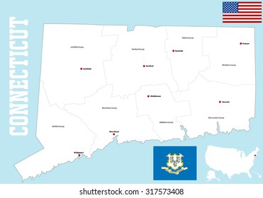 A large and detailed map of the State of Connecticut with all counties and county seats.