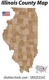 A Large, Detailed Map Of The State Of Illinois With All Counties And Main Cities.