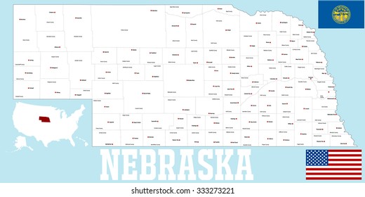 A large and detailed map of the State of Nebraska with all counties and main cities.