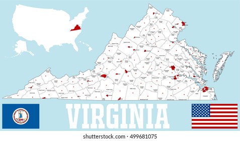 A Large And Detailed Map Of The State Of Virginia With All Counties And County Seat.