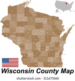 A Large And Detailed Map Of The State Of Wisconsin With All Counties And County Seats.