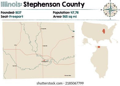 Large And Detailed Map Of Stephenson County In Illinois, USA.