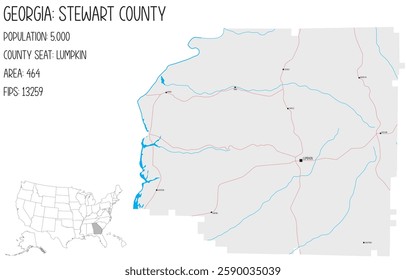 Large and detailed map of Stewart County in Georgia, USA.