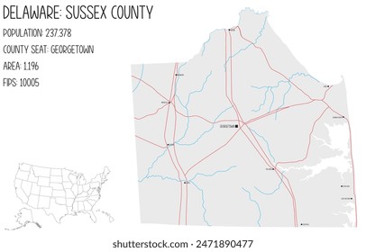 Large and detailed map of Sussex County in Delaware, USA.