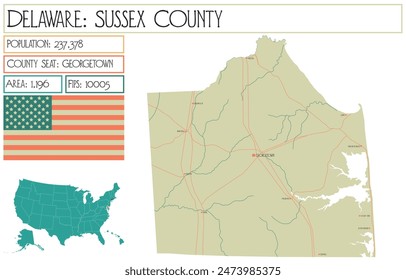 Large and detailed map of Sussex County in Delaware USA.