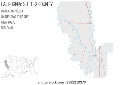 Large and detailed map of Sutter County in California, USA.