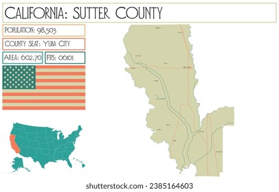 Large and detailed map of Sutter County in California USA.
