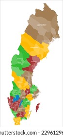 A large and detailed map of Sweden with all regions and main cities in four different colors.