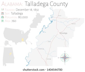 Large and detailed map of Talladega county in Alabama, USA.