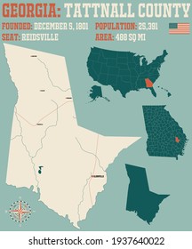 Large and detailed map of Tattnall county in Georgia, USA.