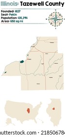 Large and detailed map of Tazewell county in Illinois, USA.