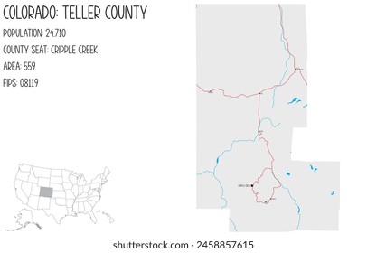 Large and detailed map of Teller County in Colorado, USA.