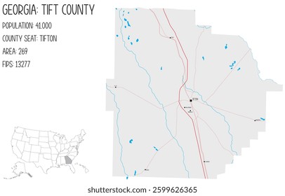 Large and detailed map of Tift County in Georgia, USA.