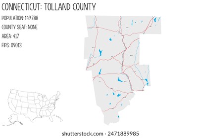 Large and detailed map of Tolland County in Connecticut, USA.