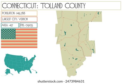 Large and detailed map of Tolland County in Connecticut USA.