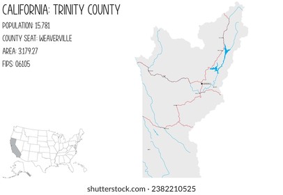 Large and detailed map of Trinity County in California, USA.