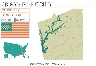 Large and detailed map of Troup County in Georgia USA.