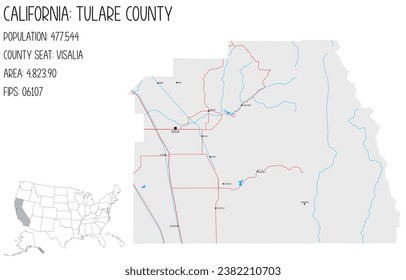 Large and detailed map of Tulare County in California, USA.