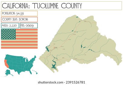 Large and detailed map of Tuolumne County in California USA.