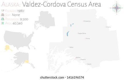 Large and detailed map of Valdez-Cordova Census Area in Alaska, USA.