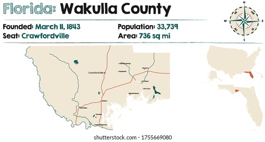Mapa grande y detallado del condado de Wakulla en Florida, EEUU.