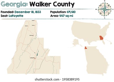 Large and detailed map of Walker county in Georgia, USA.