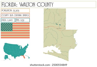Large and detailed map of Walton County in Florida USA.