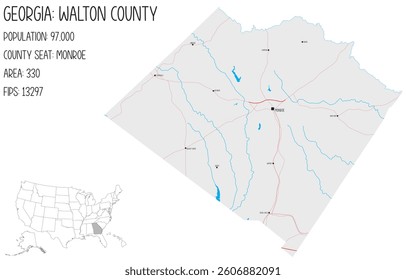 Large and detailed map of Walton County in Georgia, USA.