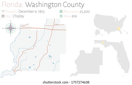 Large and detailed map of Washington county in Florida, USA.