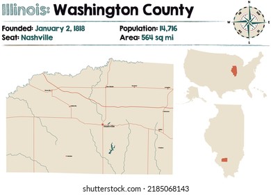 Large And Detailed Map Of Washington County In Illinois, USA.