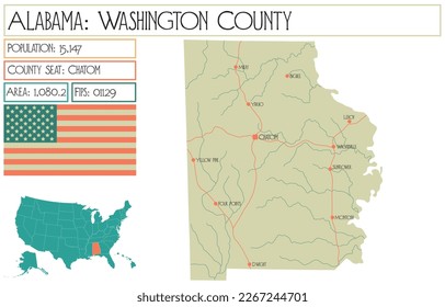 Large and detailed map of Washington county in Alabama, USA.
