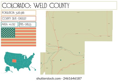 Large and detailed map of Weld County in Colorado USA.