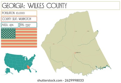 Large and detailed map of Wilkes County in Georgia USA.