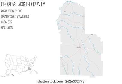 Large and detailed map of Worth County in Georgia, USA.