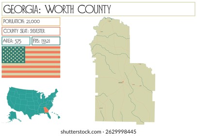 Large and detailed map of Worth County in Georgia USA.