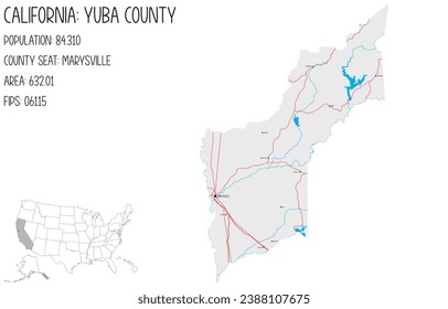 Large and detailed map of Yuba County in California, USA.