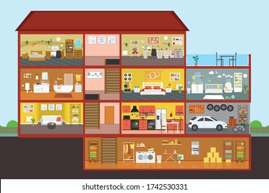 Large Detailed Modern House Interior Cutaway. House building interior plan with the garage. Home with kitchen and bathroom, bedroom and living room. Vector flat illustration