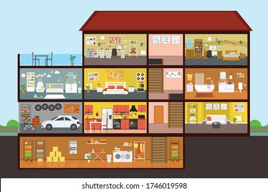 Large Detailed Modern House Interior Cutaway. House building interior plan with the garage. Home with kitchen and bathroom, bedroom and living room. Vector flat illustration